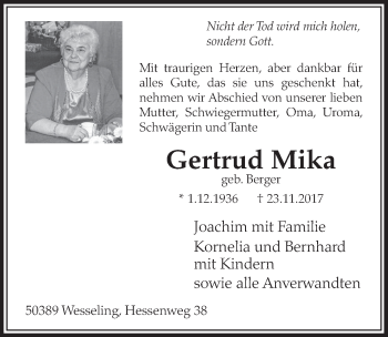 Anzeige von Gertrud Mika von  Schlossbote/Werbekurier 