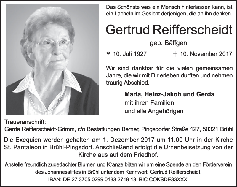  Traueranzeige für Gertrud Reifferscheidt vom 29.11.2017 aus  Schlossbote/Werbekurier 