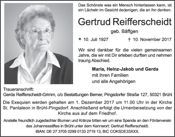 Anzeige von Gertrud Reifferscheidt von  Schlossbote/Werbekurier 