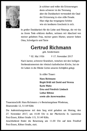 Anzeige von Gertrud Richmann von Kölner Stadt-Anzeiger / Kölnische Rundschau / Express