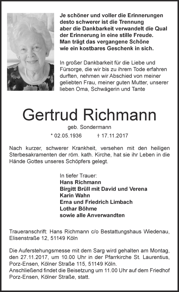  Traueranzeige für Gertrud Richmann vom 22.11.2017 aus  Kölner Wochenspiegel 