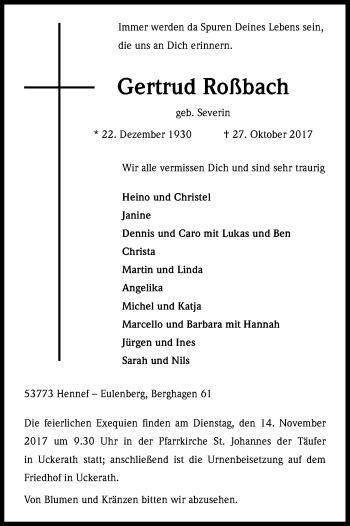 Anzeige von Gertrud Rosbach von Kölner Stadt-Anzeiger / Kölnische Rundschau / Express