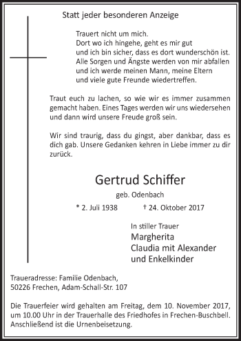 Anzeige von Gertrud Schiffer von  Sonntags-Post 