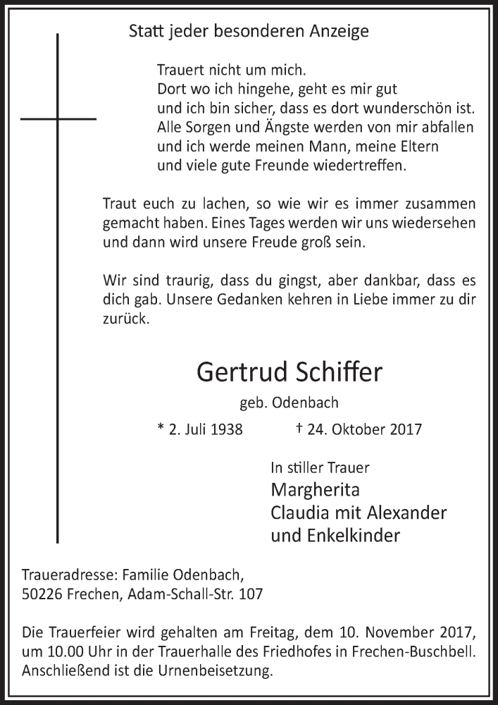  Traueranzeige für Gertrud Schiffer vom 04.11.2017 aus  Sonntags-Post 