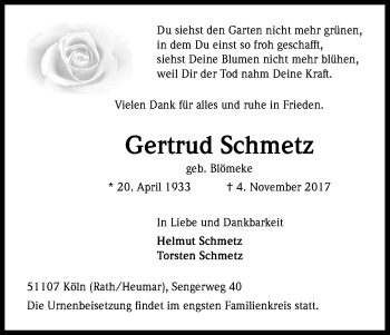 Anzeige von Gertrud Schmetz von Kölner Stadt-Anzeiger / Kölnische Rundschau / Express