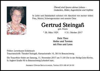 Anzeige von Gertrud Steingaß von Kölner Stadt-Anzeiger / Kölnische Rundschau / Express