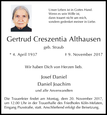 Anzeige von Gertrud Creszentia Althausen von Kölner Stadt-Anzeiger / Kölnische Rundschau / Express