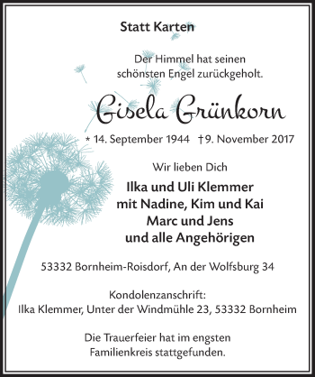 Anzeige von Gisela Grünkorn von  Schaufenster/Blickpunkt 