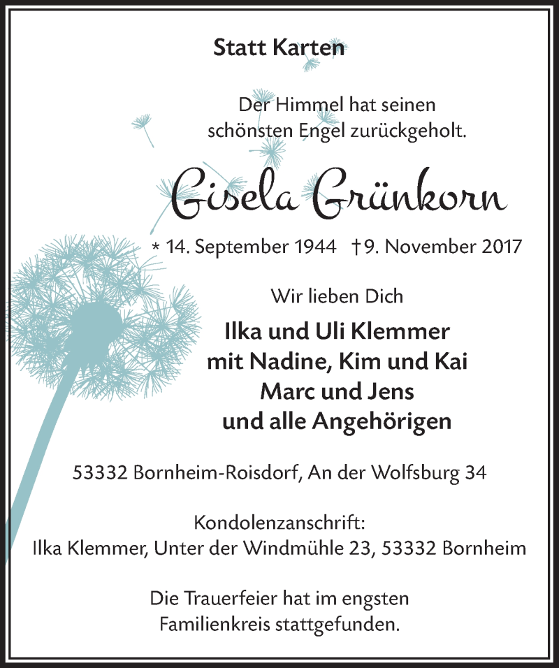  Traueranzeige für Gisela Grünkorn vom 29.11.2017 aus  Schaufenster/Blickpunkt 