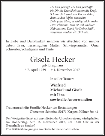 Anzeige von Gisela Hecker von  Sonntags-Post 