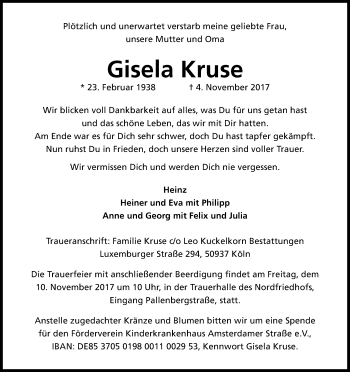 Anzeige von Gisela Kruse von Kölner Stadt-Anzeiger / Kölnische Rundschau / Express