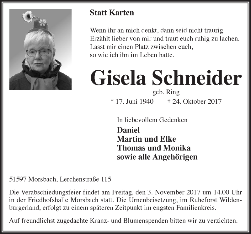  Traueranzeige für Gisela Schneider vom 02.11.2017 aus  Lokalanzeiger 
