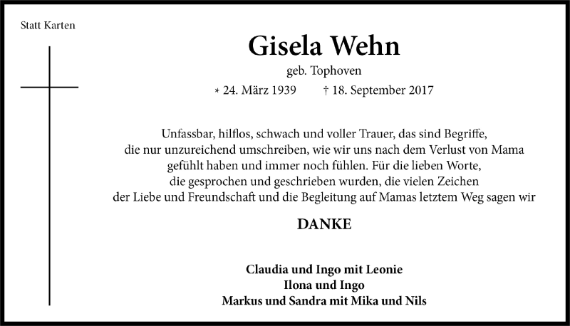  Traueranzeige für Gisela Wehn vom 22.11.2017 aus  Bergisches Handelsblatt 