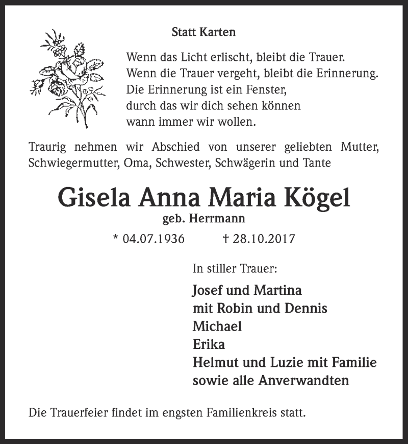  Traueranzeige für Gisela Anna Maria Kögel vom 15.11.2017 aus  Kölner Wochenspiegel 