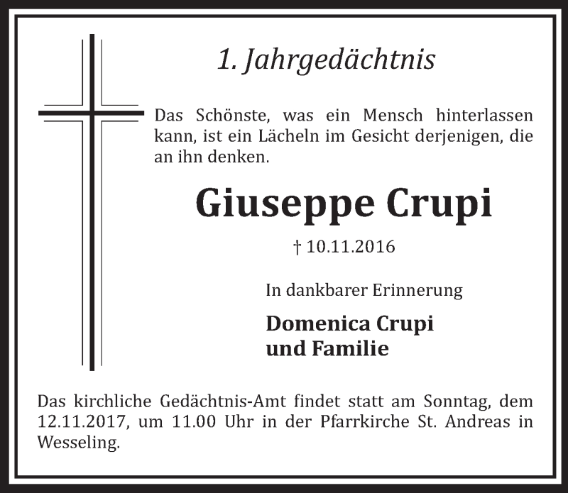  Traueranzeige für Giuseppe Crupi vom 08.11.2017 aus  Schlossbote/Werbekurier 