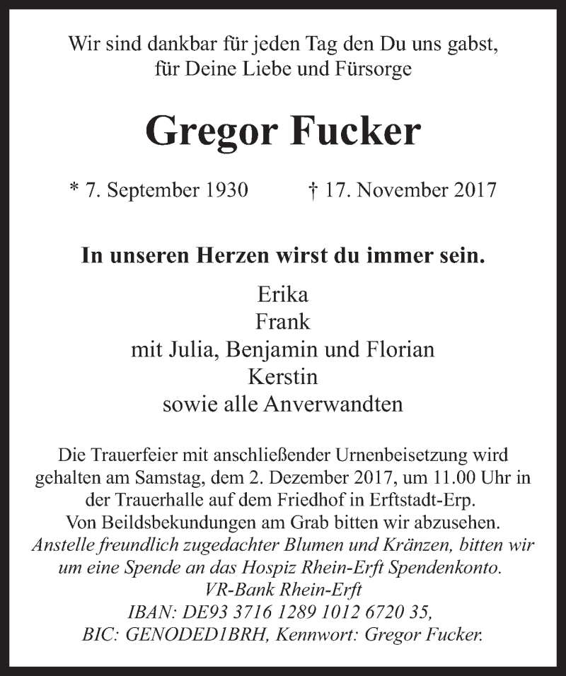  Traueranzeige für Gregor Fucker vom 29.11.2017 aus  Werbepost 