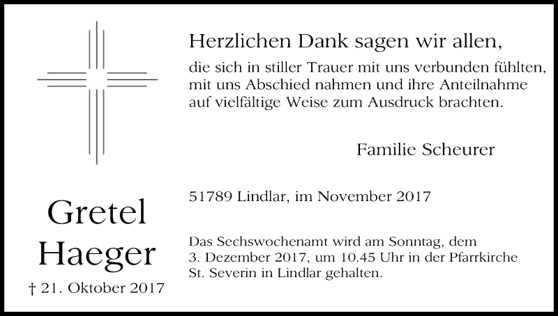  Traueranzeige für Gretel Haeger vom 25.11.2017 aus Kölner Stadt-Anzeiger / Kölnische Rundschau / Express