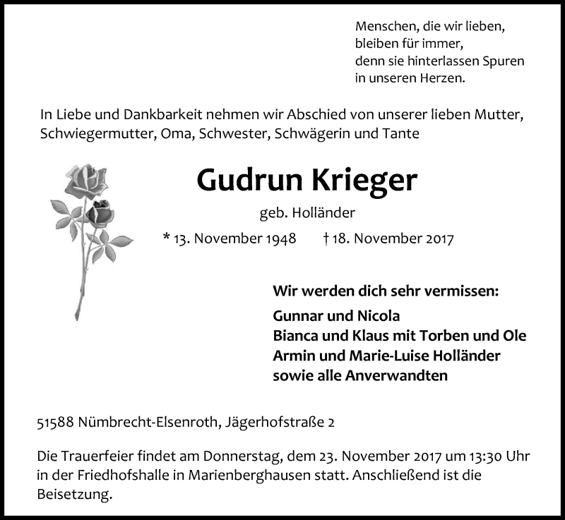  Traueranzeige für Gudrun Krieger vom 21.11.2017 aus Kölner Stadt-Anzeiger / Kölnische Rundschau / Express