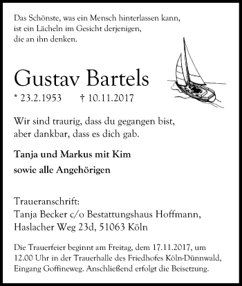 Anzeige von Gustav Bartels von Kölner Stadt-Anzeiger / Kölnische Rundschau / Express