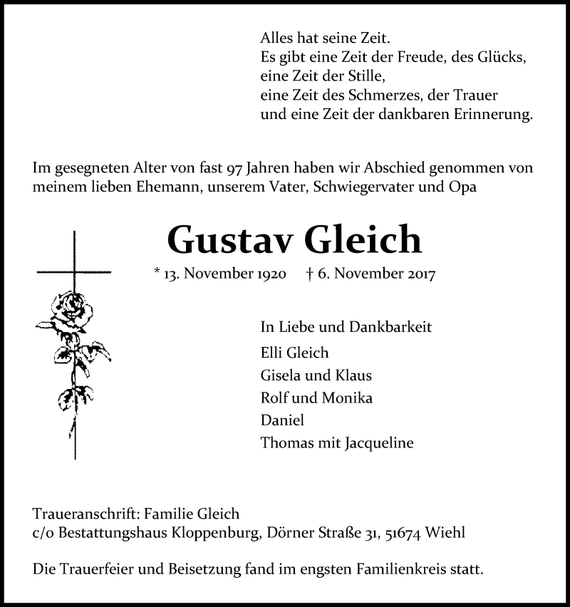 Traueranzeige für Gustav Gleich vom 18.11.2017 aus Kölner Stadt-Anzeiger / Kölnische Rundschau / Express