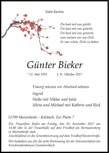Anzeige von Günter Bieker von Kölner Stadt-Anzeiger / Kölnische Rundschau / Express