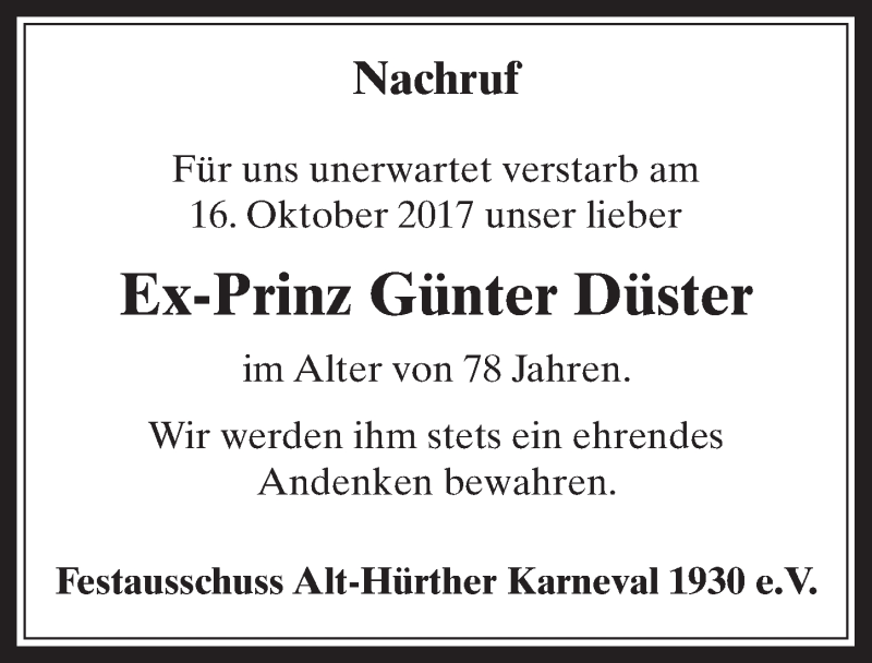  Traueranzeige für Günter Düster vom 02.11.2017 aus  Wochenende 