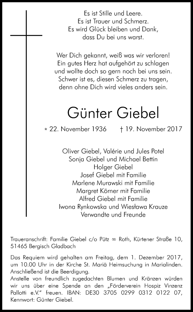  Traueranzeige für Günter Giebel vom 25.11.2017 aus Kölner Stadt-Anzeiger / Kölnische Rundschau / Express