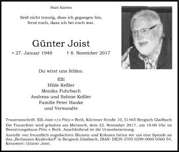 Anzeige von Günter Joist von Kölner Stadt-Anzeiger / Kölnische Rundschau / Express