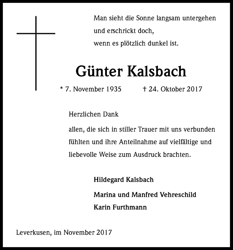  Traueranzeige für Günter Kalsbach vom 25.11.2017 aus Kölner Stadt-Anzeiger / Kölnische Rundschau / Express