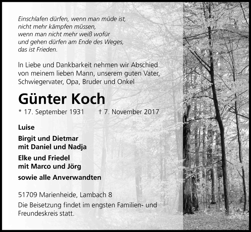  Traueranzeige für Günter Koch vom 11.11.2017 aus Kölner Stadt-Anzeiger / Kölnische Rundschau / Express