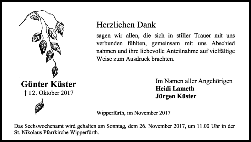  Traueranzeige für Günter Küster vom 21.11.2017 aus Kölner Stadt-Anzeiger / Kölnische Rundschau / Express