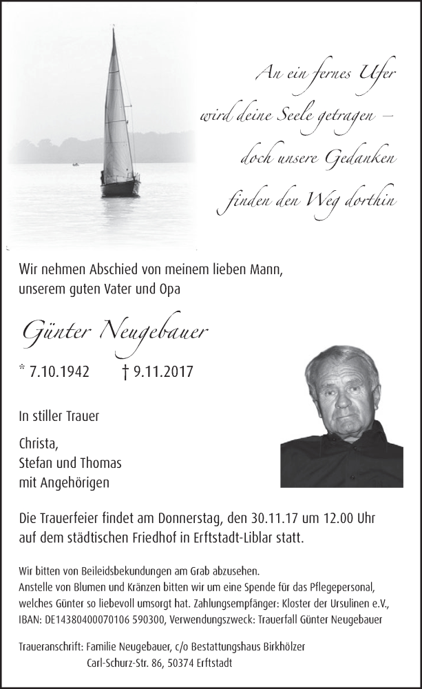  Traueranzeige für Günter Neugebauer vom 25.11.2017 aus  Sonntags-Post 