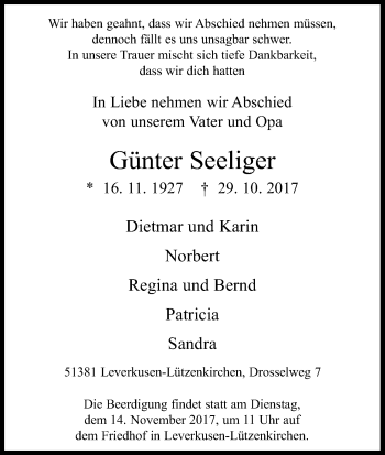 Anzeige von Günter Seeliger von Kölner Stadt-Anzeiger / Kölnische Rundschau / Express
