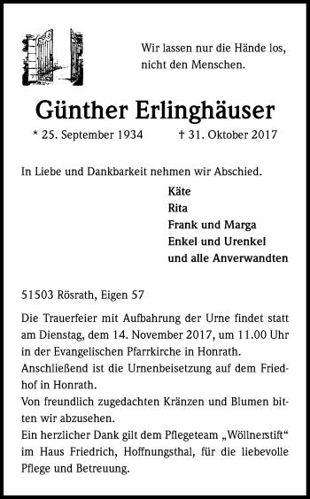 Anzeige von Günther Erlinghäuser von Kölner Stadt-Anzeiger / Kölnische Rundschau / Express