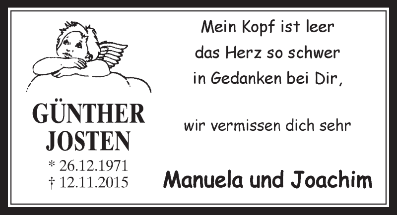  Traueranzeige für Günther Josten vom 08.11.2017 aus  Werbepost 