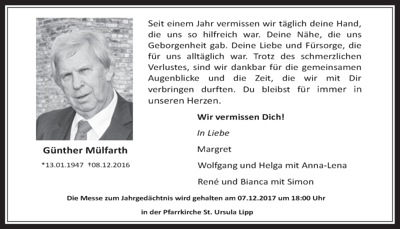  Traueranzeige für Günther Mülfarth vom 29.11.2017 aus  Werbepost 