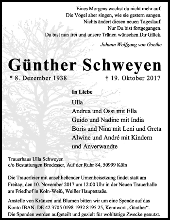 Anzeige von Günther Schweyen von Kölner Stadt-Anzeiger / Kölnische Rundschau / Express