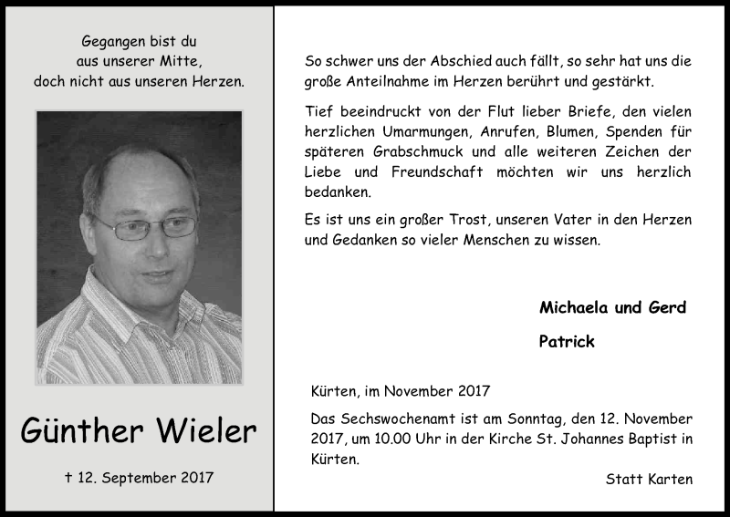  Traueranzeige für Günther Wieler vom 04.11.2017 aus Kölner Stadt-Anzeiger / Kölnische Rundschau / Express