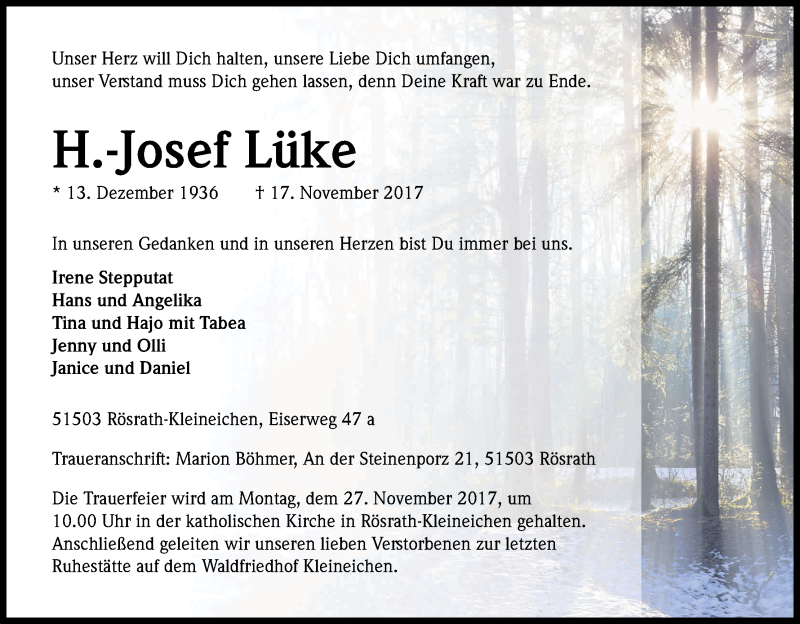  Traueranzeige für H.-Josef Lüke vom 22.11.2017 aus Kölner Stadt-Anzeiger / Kölnische Rundschau / Express