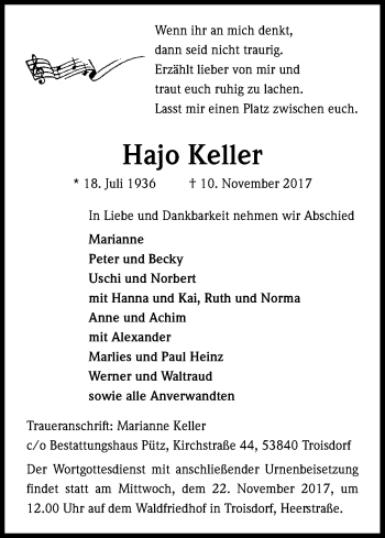 Anzeige von Hajo Keller von Kölner Stadt-Anzeiger / Kölnische Rundschau / Express