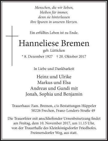 Anzeige von Hanneliese Bremen von  Sonntags-Post 