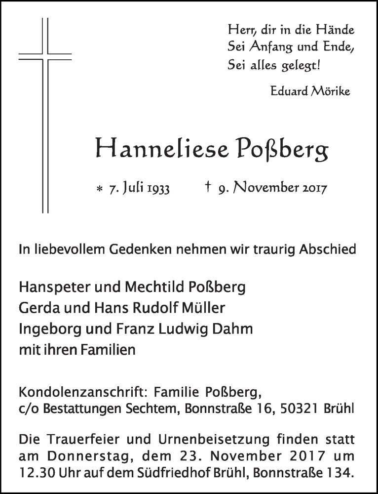  Traueranzeige für Hanneliese Poßberg vom 22.11.2017 aus  Schlossbote/Werbekurier 