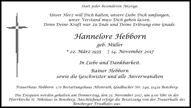  Traueranzeige für Hannelore Hebborn vom 18.11.2017 aus Kölner Stadt-Anzeiger / Kölnische Rundschau / Express