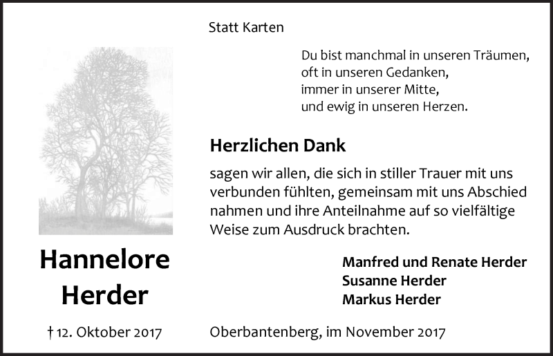  Traueranzeige für Hannelore Herder vom 22.11.2017 aus  Anzeigen Echo 