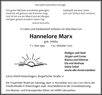 Anzeige von Hannelore Marx von  Anzeigen Echo 