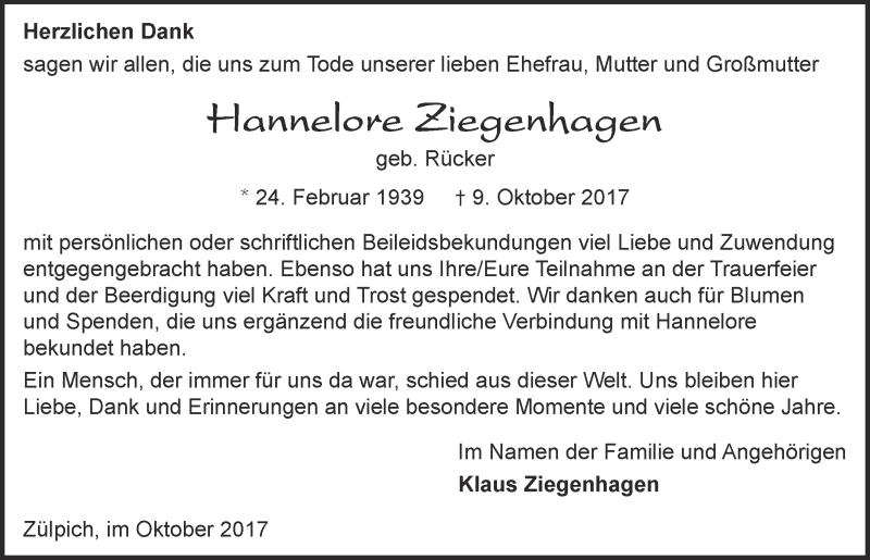  Traueranzeige für Hannelore Ziegenhagen vom 04.11.2017 aus  Blickpunkt Euskirchen 