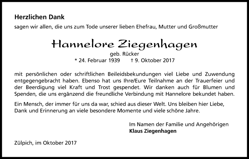  Traueranzeige für Hannelore Ziegenhagen vom 02.11.2017 aus Kölner Stadt-Anzeiger / Kölnische Rundschau / Express