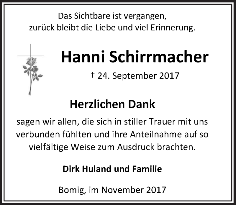  Traueranzeige für Hanni Schirrmacher vom 22.11.2017 aus  Anzeigen Echo 
