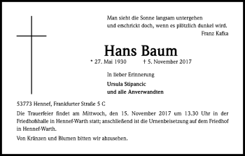 Anzeige von Hans Baum von Kölner Stadt-Anzeiger / Kölnische Rundschau / Express