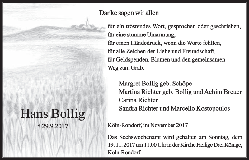  Traueranzeige für Hans Bollig vom 08.11.2017 aus  Kölner Wochenspiegel 